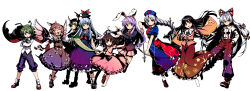  6+girls :/ absurdres ahoge animal_ear_piercing animal_ears antennae arrow_(projectile) bamboo_print barefoot bird_ears bird_wings black_cape black_jacket black_shoes blazer blue_dress blue_eyes blue_hair blue_hat boots bow bow_(weapon) bowtie braid branch brown_dress brown_hair brown_hat brown_shoes brown_socks cape carrot_necklace closed_eyes closed_mouth collared_shirt commentary_request constellation_print cross cross_print crossed_arms drawing_bow dress dual_persona earrings ex-keine finger_gun floppy_ears footwear_bow frilled_dress frilled_shirt_collar frilled_skirt frilled_sleeves frills fujiwara_no_mokou full_body gradient_clothes gradient_dress gradient_jacket gradient_pants green_hair grey_eyes grey_hair gunbuster_pose hair_bow hands_in_pockets hat highres holding holding_arrow holding_bow_(weapon) holding_branch holding_scroll holding_weapon hoop_earrings horn_bow horn_ornament horns houraisan_kaguya imperishable_night inaba_tewi jacket jeweled_branch_of_hourai jewelry juliet_sleeves kamishirasawa_keine leg_up limone_illust loafers long_hair long_skirt long_sleeves looking_at_viewer mary_janes medium_hair miniskirt multicolored_hair multiple_girls multiple_hair_bows mystia_lorelei necklace necktie nurse_cap ofuda ofuda_on_clothes open_mouth orange_eyes outstretched_arms pants pendant pink_dress pink_hair pink_shirt pink_skirt pleated_skirt print_dress print_hat print_skirt puffy_short_sleeves puffy_sleeves purple_dress purple_hair purple_pants rabbit_ears rabbit_girl rabbit_tail red_boots red_bow red_cape red_cross red_dress red_eyes red_jacket red_necktie red_pants red_shoes red_skirt reisen_udongein_inaba ribbon-trimmed_dress ribbon_trim scroll shirt shoes short_hair short_sleeves simple_background singing single_braid skirt small_horns smile socks spread_arms suspenders tail toes touhou two-sided_cape two-sided_fabric two-tone_dress two-tone_hair very_long_hair weapon white_background white_bow white_bowtie white_shirt white_socks wide_sleeves winged_hat winged_shoes wings wriggle_nightbug yagokoro_eirin 