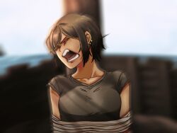  1girl akiyaa_1212 bound closed_eyes greek_mythology highres limbus_company odysseus_(mythology) outis_(project_moon) project_moon rope screaming ship solo tied_up_(nonsexual) watercraft 