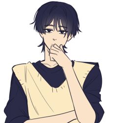  1boy alternate_costume black_eyes black_hair black_shirt black_sleeves blunt_ends bright_pupils casual closed_mouth contemporary crew_neck genshin_impact hair_intakes hand_on_own_chin looking_at_viewer male_focus nadiarahayu scaramouche_(genshin_impact) shirt solo straight-on sweater_vest three-quarter_sleeves tsurime undershirt v-neck white_background white_pupils wispy_bangs wolf_cut yellow_sweater_vest 