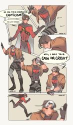  artist_name batman_(series) batman_symbol belt black_bodysuit black_gloves black_hair bodysuit brown_jacket dc_comics gloves highres jacket jason_todd male_focus maple_dc multiple_boys muscular muscular_male pants red_hood_(dc) red_hood_and_the_outlaws red_robin signature standing superhero_costume thigh_strap tim_drake weapon 