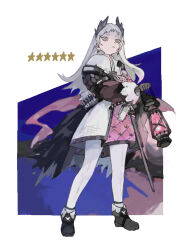  1girl ammunition_belt arknights black_gloves black_shoes dress earrings front-seamed_legwear frown gloves grey_eyes grey_hair gun handgun head_wings highres holding holding_lantern irene_(arknights) jewelry lantern long_sleeves looking_at_viewer multicolored_dress pantyhose pink_dress scabbard scar scar_across_eye scar_on_face seamed_legwear sheath sheathed shoes simple_background solo usagice weapon white_background white_dress white_pantyhose wings 