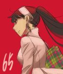  1girl absurdres black_hair breasts earrings endou_tatsuya from_side frown hairband highres jacket jewelry long_hair looking_ahead medium_breasts plaid_bag ponytail red_background red_eyes solo spy_x_family white_hairband white_jacket yor_briar 