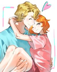  1boy 1girl alternate_costume arms_around_neck bare_legs blonde_hair blue_shirt blush carrying closed_eyes closed_mouth commentary couple heart hetero knees koala_(one_piece) lowres one_piece orange_hair pink_shirt princess_carry raine_(acke2445) sabo_(one_piece) shirt short_hair short_sleeves smile untranslatable_commentary upper_body 