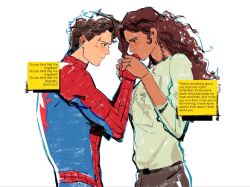  1boy 1girl animal_print bodysuit brown_eyes brown_hair cowboy_shot curly_hair english_text eye_contact facing_another hand_grab hetero highres holding_hands kiss kissing_hand long_hair long_sleeves looking_at_another marvel michelle_"mj"_jones multicolored_bodysuit pants peter_parker print_bodysuit red_bodysuit scar scar_on_face short_hair spider-man spider-man:_brand_new_day spider-man_(series) spider_print spider_web_print sticky_note superhero_costume two-tone_bodysuit very_short_hair white_background yancantdraw 