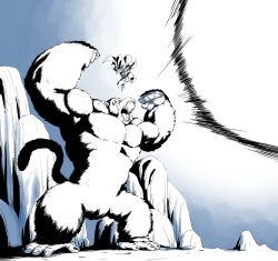  amayuki318 angry blue_background broad_shoulders cape dougi dragon_ball dragon_ball_z energy_beam fighting fighting_stance floating giant gradient_background highres monkey monkey_tail monster muscular muscular_male oozaru open_mouth partially_colored pectorals piccolo size_difference son_gohan tail white_background 