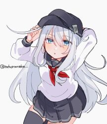  1girl adjusting_clothes adjusting_headwear black_hat black_sailor_collar black_skirt black_thighhighs blue_eyes blush commentary cowboy_shot double-parted_bangs flat_cap from_above grey_hair hair_between_eyes hands_up hat hat_pin hibiki_(kancolle) kantai_collection long_hair long_sidelocks long_sleeves looking_at_viewer mia_umauma neckerchief one-hour_drawing_challenge parted_lips pleated_skirt red_neckerchief sailor_collar shirt sidelocks simple_background skirt solo thigh-highs twitter_username very_long_hair white_background white_shirt zettai_ryouiki 