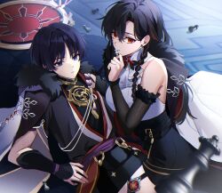  1boy 1girl arm_at_side armor artist_request ascot asymmetrical_bangs black_bodysuit black_hair black_kimono black_skirt black_sleeves blunt_ends bodysuit braid breasts camellia_(trave1er) chess_piece closed_mouth coat coat_on_shoulders commission couple curtained_hair dark_persona delusion_(genshin_impact) detached_sleeves empty_eyes eyeliner fatui_coat fatui_logo frilled_sleeves frills fur-trimmed_coat fur_trim garter_belt genshin_impact gold hand_on_another's_shoulder hat hetero highres holding japanese_armor japanese_clothes jewelry jingasa juban kimono kote kurokote lapels large_breasts long_hair looking_at_viewer makeup mandarin_collar mitsudomoe_(shape) multicolored_hair neck_ring o-ring oc_x_canon orange_eyes original pencil_skirt purple_rope purple_sash red_eyeliner red_hair red_hat red_kimono red_sash rope sash scaramouche_(genshin_impact) scaramouche_(harbinger)_(genshin_impact) second-party_source shimenawa shirt short_sleeves side_braid skirt sleeveless sleeveless_shirt straddling streaked_hair tassel thigh_straddling tomoe_(symbol) tsurime unworn_hat unworn_headwear violet_eyes white_ascot white_coat white_kimono white_rope white_shirt wispy_bangs 