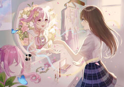  2girls :d absurdres bare_shoulders blue_butterfly blue_eyes bow brown_hair bug butterfly center_frills choker clothes_hanger collared_shirt commentary_request dress flower frilled_sleeves frills from_side hair_bow highres indoors lipstick long_hair long_sleeves looking_at_another makeup makeup_brush medium_hair mirror multiple_girls off_shoulder original petals pink_choker pink_dress pink_eyes pink_flower pink_hair pink_petals pink_ribbon plaid_clothes plaid_skirt ribbon ruruka_003 see-through_clothes see-through_sleeves shirt short_sleeves skirt smile table unworn_dress unworn_wig white_shirt wig window yellow_bow 