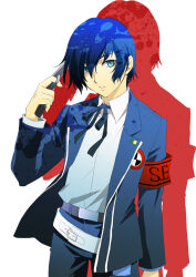  1boy belt black_pants black_ribbon blue_eyes blue_hair brown_belt colored_shadow dress_shirt drop_shadow evoker gekkoukan_high_school_uniform gun_to_another's_head isa_(peien516) jacket looking_at_viewer male_focus neck_ribbon open_clothes open_jacket pants parted_lips persona persona_3 ribbon s.e.e.s school_uniform shadow shirt shirt_tucked_in short_hair simple_background solo teeth white_background white_shirt yuuki_makoto_(persona_3) 