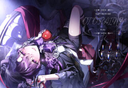  1boy apple black_flower black_rose black_shorts black_skirt black_socks black_veil bow bowtie candlestand chaise_longue character_name claw_ring commentary curtained_hair demon_horns fang flower food from_above fruit hair_between_eyes happy_birthday highres holding holding_food holding_fruit holding_string horn_flower horns indoors knees_up lace-trimmed_veil lace_trim layered_sleeves legwear_garter long_sleeves looking_at_viewer lying lying_upside-down male_focus mole mole_under_eye no_shoes on_back oto_rainy parted_bangs purple_hair rose short_hair shorts skirt skoshism smile socks solo string sung3_0s untranslatable_commentary upside-down utaite veil violet_eyes virtual_youtuber 