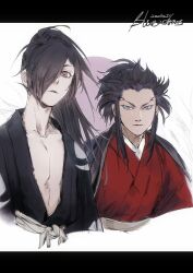  2boys absurdres anchor_print bare_pectorals black_hair black_kimono bluezooms brothers chinese_commentary closed_mouth commentary_request dated dororo_(tezuka) forked_eyebrows hair_over_one_eye high_ponytail highres hyakkimaru_(dororo) japanese_clothes kimono letterboxed long_hair looking_at_viewer male_focus multiple_boys obi pectorals ponytail print_kimono sash siblings sidelocks signature tahoumaru upper_body white_background 