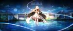  1girl absurdres anniversary azur_lane black_bow black_gloves blonde_hair bow bow_(music) cape closed_eyes copyright_name dress english_text fan_(ariku) floating_hair full_body gloves gold_dress gold_trim hair_bow highres holding holding_instrument instrument long_hair music night night_sky outdoors playing_instrument reflection scabbard sheath sheathed sky solo star_(sky) starry_sky thigh-highs two-tone_cape vanguard_(azur_lane) violin wading white_cape white_dress white_thighhighs 