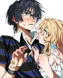  1boy 1girl absurdres alternate_costume bare_shoulders belt bespectacled black-framed_eyewear black_belt black_hair black_shirt black_sleeves blonde_hair blue_eyes blue_feathers blue_nails blue_shirt blue_sleeves blunt_ends blush bracelet casual closed_mouth collared_shirt contemporary criss-cross_halter curled_fingers dintoge dress ear_blush embarrassed eyelashes feather_hair_ornament feathers fingernails furrowed_brow genshin_impact glasses hair_ornament halterneck hand_up height_difference hetero highres jewelry looking_at_another lumine_(genshin_impact) scaramouche_(genshin_impact) semi-rimless_eyewear shirt short_hair short_hair_with_long_locks sidelocks smile striped_clothes striped_shirt sweat tareme tsurime white_dress wispy_bangs wolf_cut wrist_belt yellow_eyes 