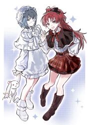 2girls black_capelet blue_hair boots bow brown_boots capelet creature dress eyepatch food hairband hanging heart holding holding_creature holding_food holding_pocky inmy_veins kyubey lolita_hairband long_hair long_sleeves looking_at_viewer mahou_shoujo_madoka_magica mahou_shoujo_madoka_magica_(anime) miki_sayaka multiple_girls one_eye_covered open_mouth plaid_clothes plaid_skirt pocky ponytail red_bow red_hair red_skirt sakura_kyoko shirt shoes short_hair skirt white_capelet white_dress white_shirt white_shoes