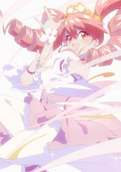  1girl :d \m/ arm_up arms_across_body back_bow bare_shoulders bow chinese_commentary choker commentary detached_sleeves dress dress_ribbon drill_hair fang feet_out_of_frame fine_(futagohime) fine_(universal_princess)_(futagohime) fingernails flower frilled_dress frilled_sleeves frills fushigiboshi_no_futago_hime fushigiboshi_no_futago_hime_gyu gold_tiara hair_between_eyes hair_ornament highres hime_lolita knee_up layered_dress liudaohai lolita_fashion long_hair looking_at_viewer magical_girl no_ahoge no_earrings off-shoulder_dress off_shoulder open_mouth pantyhose pink_choker pink_dress pink_shoes red_eyes red_hair ribbon shoes simple_background smile solo sparkle star_(symbol) star_hair_ornament strapless strapless_dress tiara triangle_mouth twin_drills very_long_hair white_background white_bow white_flower white_pantyhose white_ribbon wide_sleeves wrist_flower 