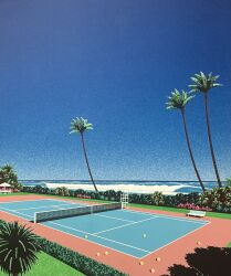  ball blue_sky bush clear_sky commentary_request day grass highres hiroshi_nagai horizon no_humans ocean original outdoors palm_tree sky tennis_ball tennis_court tennis_net traditional_media tree umpire_chair water 