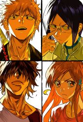  1girl 3boys adjusting_eyewear black_hair black_kimono bleach brown_hair carrying coat collarbone collared_shirt column_lineup commentary_request facing_viewer flower_hairpin frown glasses grey_shirt grid_lineup hair_between_eyes hair_ornament hair_over_eyes hairclip hand_on_eyewear high_collar highres inoue_orihime ishida_uryuu japanese_clothes kimono kurosaki_ichigo lips long_hair looking_at_viewer multiple_boys orange_eyes orange_hair parted_bangs parted_lips piggyback pink_shirt portrait red_sash sado_yasutora sash shihakusho shirt short_hair sidelocks simple_background smile spiky_hair striped_clothes striped_shirt sweat sweatdrop sword vertical-striped_clothes vertical-striped_shirt violet_eyes weapon white_background white_coat white_shirt xi_luo_an_ya 