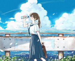  1girl arm_behind_back bag blue_neckerchief blue_skirt blue_sky blush bottle brown_bag brown_hair clouds cloudy_sky commentary_request contrail day feet_out_of_frame from_side guard_rail hand_up hatopippi45 highres holding holding_bag holding_bottle horizon long_hair making-of_available midriff_peek neckerchief ocean original outdoors parted_lips pleated_skirt ponytail profile rust sailor_collar school_bag school_uniform serafuku shirt short_sleeves skirt sky solo standing sweat violet_eyes walking water_bottle water_drop white_sailor_collar white_shirt 