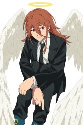  1boy absurdres androgynous angel angel_devil_(chainsaw_man) angel_wings anime_coloring arms_on_knees black_jacket black_necktie black_pants black_suit blue_shoes chainsaw_man collared_shirt commentary commission dress_shirt english_commentary expressionless feathered_wings formal_clothes hair_between_eyes halo highres hugging_own_legs jacket knew_nothing long_hair long_sleeves looking_at_viewer male_focus messy_hair necktie pants red_eyes red_hair shirt shoes simple_background sitting sneakers solo suit traditional_halo white_background white_shirt white_wings wings yellow_halo 