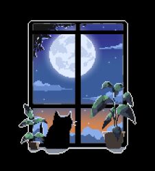 animal black_background black_cat cat clouds commentary decomposedmaw english_commentary flower_pot from_behind full_moon indoors leaf looking_outside moon mountain mountainous_horizon no_humans on_windowsill original pixel_art plant potted_plant shadow sitting sky sky_focus star_(sky) starry_sky sunset tree whiskers window windowsill 