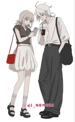  1boy 1girl :o ahoge bag black_bag black_pants black_shirt black_shoes casual cup danganronpa_(series) danganronpa_2:_goodbye_despair full_body grey_hair highres holding holding_phone komaeda_nagito nanami_chiaki pants phone pink_eyes ponytail shirt shoes short_sleeves shoulder_bag shuimian simple_background skirt smile socks standing white_skirt 