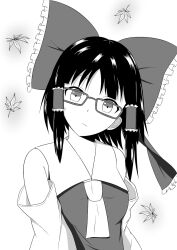  1girl ascot bespectacled bow breasts closed_mouth commentary_request detached_sleeves falling_leaves frilled_bow frilled_hair_tubes frills glasses hair_bow hair_tubes hakurei_reimu leaf long_hair looking_at_viewer medium_breasts midarin solo touhou upper_body 