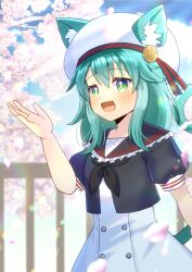  1girl :d animal_ear_fluff animal_ears beret black_neckerchief black_sailor_collar black_shirt blue_sky branch cat_ears cat_girl cat_tail clouds commission day dress ears_through_headwear fang flower frilled_sailor_collar frills green_eyes green_hair hand_up hat kou_hiyoyo neckerchief original outdoors petals pink_flower puffy_short_sleeves puffy_sleeves railing sailor_collar shirt short_sleeves skeb_commission sky smile solo tail white_dress white_hat 