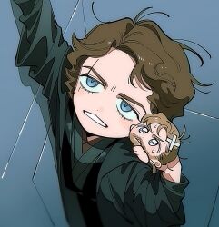  2boys anakin_skywalker bandaid bandaid_on_head beard black_robe black_tunic brown_hair chibi facial_hair highres indoors kamonekm multiple_boys obi-wan_kenobi open_clothes open_robe robe scar scar_across_eye scar_on_face star_wars star_wars:_revenge_of_the_sith tunic 
