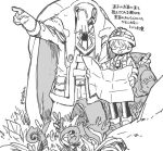  1boy 1girl backpack bag boots cape commentary_request covered_face female_child glasses grass greyscale gyarike hatching_(texture) headlamp helmet holding holding_map hood hood_up hooded_cape jacket leaf looking_away made_in_abyss map monochrome open_mouth outstretched_arm pants pocket pointing riko_(made_in_abyss) sketch standing toge_(owannun) translation_request twitter_username whistle whistle_around_neck 