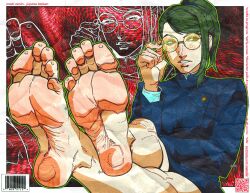  1girl adjusting_eyewear barcode barefoot blue_jacket character_name copyright_name english_text feet foot_focus glasses green_eyes green_hair highres jacket jujutsu_kaisen jujutsu_tech_uniform marking_on_cheek nyoolie round_eyewear soles solo swirl swirl_on_cheek traditional_media zen'in_maki 