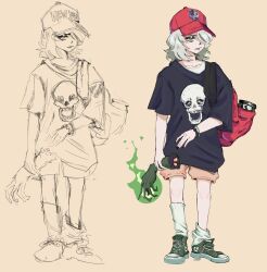  1girl absurdres backpack bag baseball_cap black_shirt deadlock_(game) fire graves_(deadlock) green_eyes green_fire hair_down hair_over_one_eye hat highres holding_limb jar jitome medium_hair oversized_clothes oversized_shirt red_hat red_shoes remsenha severed_hair shirt shoes short_sleeves shorts simple_background single_loose_sock skull_print sneakers socks undershirt untied_shoelaces white_shirt white_socks wide_sleeves yellow_background yellow_shorts 