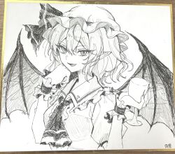  1girl artist_name ascot bat_wings commentary_request cup frilled_wrist_cuffs frills greyscale hair_between_eyes hat hat_ribbon highres holding holding_cup looking_at_viewer medium_hair mob_cap monochrome open_mouth photo_(medium) pointy_ears puffy_short_sleeves puffy_sleeves remilia_scarlet ribbon shikishi shirt short_sleeves smile solo tomura_amane touhou traditional_media upper_body wings wrist_cuffs 