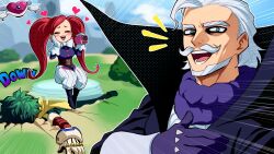  1girl 2boys absurdres aka_nobodyy beard black_boots black_dress blue_eyes blush boku_no_hero_academia boots bush camera closed_eyes corset dress drone energy_barrier facial_hair gauntlets gentle_criminal gloves grass grey_hair heart highres la_brava looking_at_viewer midoriya_izuku multiple_boys mustache neck_ribbon open_mouth purple_gloves purple_scarf red_hair ribbon scarf sky smile spoken_heart twintails unconscious white_gloves white_ribbon yellow_scarf 