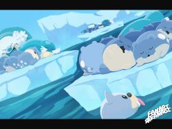  absurdres drooling evolutionary_line fangs highres iceberg letterboxed lying mouth_drool no_humans ocean on_back on_side on_stomach open_mouth outdoors pokemon pokemon_(creature) pokemon_focus sakanagi_(a_r_co) seal_(animal) sealeo seel sleeping spheal tongue tongue_out tusks walrein water 
