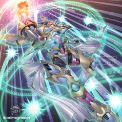  absurdres aircraft airplane armor artist_logo artist_name commission duel_monster dutch_angle fighter_jet grey_scarf highres joints junk_accel_warrior_(yu-gi-oh!) kai_magination logo military_vehicle robot_joints scarf sky solo star_(sky) starry_sky synchro_summon yu-gi-oh! 