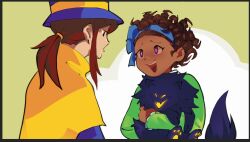  2girls a_hat_in_time animal animalization bad_id bad_twitter_id black_eyes blue_bow blue_hairband bow bow_hairband bow_kid brown_hair cape commentary curly_hair dark-skinned_female dark_skin english_commentary fangs frilled_sleeves frills ghost green_jacket hair_tie hairband hat hat_kid hat_ribbon holding holding_animal jacket kudo_nguyen long_hair long_sleeves looking_at_another multiple_girls open_mouth ponytail purple_hat purple_jacket ribbon short_hair sidelocks skin_fangs smile snatcher_(a_hat_in_time) top_hat violet_eyes yellow_cape yellow_eyes yellow_ribbon 