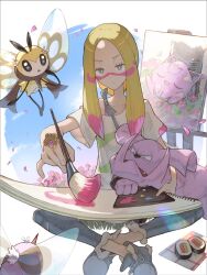  1girl blonde_hair canvas_(object) closed_mouth commentary crossed_legs cutiefly eyelashes facepaint flower food granbull grey_eyes highres holding holding_paint_palette jewelry jigglypuff long_hair mina_(pokemon) paint_on_clothes paint_palette painting_(action) painting_(object) pants petals pokemon pokemon_(creature) pokemon_sun_and_moon ribombee ring shirt shoes short_sleeves single_off_shoulder sitting sketchbook sushi ve_0ekaki white_shirt 