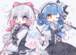  2girls :d ;d black_bow blue_hair blush_stickers bow braid braided_hair_rings commentary_request cross-laced_clothes cross-laced_dress dress drumsticks fang frilled_hairband frilled_wrist_cuffs frills gradient_hair hair_bow hair_ornament hair_rings hairband highres holding holding_drumsticks holding_microphone_stand layered_dress lolita_fashion long_sleeves looking_at_viewer mahou_shoujo_no_majo_saiban microphone_stand multicolored_hair multiple_girls one_eye_closed open_mouth pink_eyes pink_hair sakuraba_ema short_hair simple_background skin_fang smile tachibana_sherry unnmo_1102 white_background white_hair white_hairband wrist_cuffs x_hair_ornament yellow_eyes 