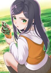  1girl absurdres black_hair black_socks blurry blurry_background blush commentary day english_commentary feet_out_of_frame food from_side fuuka_academy_school_uniform grass green_eyes grey_skirt highres holding holding_food holding_ice_cream holding_ice_cream_cone hood hoodie ice_cream ice_cream_cone kneehighs kuga_natsuki long_hair long_sleeves looking_at_viewer mint_chocolate my-hime orange_vest outdoors parted_bangs parted_lips pleated_skirt raised_eyebrow school_uniform sitting skirt socks solo sprinkles turning_head vest waffle_cone white_hoodie xueli_shimazaki 