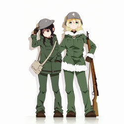  2girls absurdres adjusting_clothes adjusting_headwear bag black_gloves black_hair blonde_hair brown_shoes chito_(shoujo_shuumatsu_ryokou) coat commentary_request fur-trimmed_coat fur_trim gloves green_coat green_eyes green_pants grey_bag gun hand_in_pocket helmet highres hood hood_down long_hair long_sleeves looking_at_viewer multiple_girls pants reflective_floor rifle shoes shoujo_shuumatsu_ryokou smile weapon wei_xin white_background yuuri_(shoujo_shuumatsu_ryokou) 