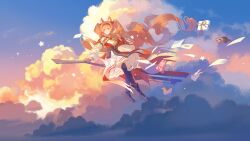  1girl absurdres angelina_(arknights) angelina_the_mellow_wish_(arknights) animal_ear_fluff animal_ears animalization arknights black_boots black_collar black_gloves black_hairband black_thighhighs boots box brown_hair chinese_commentary clouds collar commentary_request detached_sleeves dress floating_hair flying fox_ears fox_girl full_body gift gift_box gloves hair_between_eyes hairband highres infection_monitor_(arknights) jacinta_(arknights) letter long_hair long_sleeves looking_to_the_side lumos_(lumos164) pleated_dress rabbit raccoon sitting sky smile solo staff_riding star_(symbol) thigh-highs thumpy_(arknights) timeslot_(arknights) twintails very_long_hair white_dress 