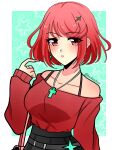  1girl asukaaasuu bag breasts collarbone earrings hair_ornament handbag highres jewelry large_breasts necklace pyra_(xenoblade) red_eyes redhead solo twitter_username xenoblade_chronicles_(series) xenoblade_chronicles_2 