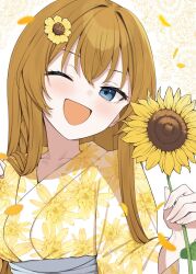  1girl :d ;d binsen blue_eyes braid brown_hair commentary_request floral_print floral_print_kimono flower hair_flower hair_ornament highres holding holding_flower idolmaster idolmaster_million_live! japanese_clothes kimono kousaka_umi long_hair looking_at_viewer one_eye_closed open_mouth print_kimono smile solo sunflower upper_body 