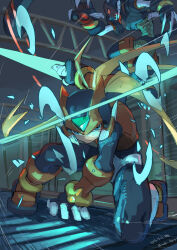  2boys armor battle blonde_hair energy_sword forehead_jewel helmet highres holding holding_sword holding_weapon long_hair male_focus mega_man_(series) mega_man_zero_(series) multiple_boys omochi_(mochi_skymega) red_armor red_helmet sword weapon z_saber zero(z)_(mega_man) zero_(mega_man) 