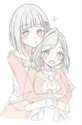  2girls ascot bloom_the_smile_bloom_the_dream! blue_eyes blush ceras_yanagida_lilienfeld commentary grey_hair heart highres hug hug_from_behind iroha_(nami3) jacket long_sleeves love_live! love_live!_hasu_no_sora_jogakuin_school_idol_club multiple_girls open_mouth orange_jacket pink_eyes puckered_lips simple_background unfinished upper_body virtual_youtuber white_ascot white_background yugiri_tsuzuri 