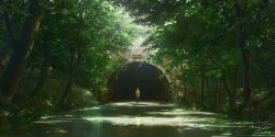  1girl absurdres blue_pants brown_hair dappled_sunlight dated day facing_away highres hood hood_down hooded_jacket jacket nothingblues_yuki original pants plant road_sign rock scenery short_hair sign signature standing sunlight tree tunnel vines wide_shot yellow_jacket 