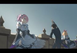  1boy 2girls 8_humi arm_up black_dress black_hair black_sleeves blonde_hair commentary_request detached_sleeves dress hair_ribbon highres letterboxed long_sleeves maid maid_headdress multiple_girls natsuki_subaru petra_leyte pink_hair ram_(re:zero) re:zero_kara_hajimeru_isekai_seikatsu red_eyes red_ribbon ribbon roswaal_mansion_maid_uniform sky 