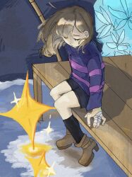 1other bandaged_hand bandages black_shorts black_socks blue_flower blue_sweater boots brown_boots brown_hair chinese_commentary closed_eyes commentary_request cropped dock double_horizontal_stripe echo_flower flower frisk_(undertale) other_focus qidian0509 shorts sitting socks solo sweater undertale utdr_(toby_fox) water