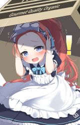  ! 1girl absurdres apron black_dress blue_archive blue_bow blue_bowtie blue_eyes blush bow bowtie box cardboard_box commentary dress english_text forehead frilled_apron frills full_body hair_bow hair_pulled_back halo hands_on_own_head highres leglus long_hair looking_at_viewer maid maid_apron maid_headdress millennium_science_school_logo motion_lines multiple_hair_bows number_print official_alternate_costume open_mouth ponytail puffy_short_sleeves puffy_sleeves red_hair short_sleeves sitting tearing_up very_long_hair white_apron white_bow yuzu_(blue_archive) yuzu_(maid)_(blue_archive) 