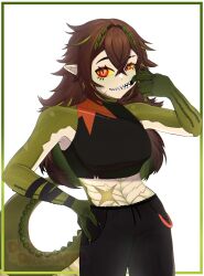  1girl beastiez black_pants brown_hair colored_sclera crocodile_girl crocodilian_tail dexdreamer green_scales green_streaks hand_on_own_hip highres kairyu_crocodile long_hair looking_at_viewer mouth_pull multicolored_hair pants pointy_ears red_eyes sharp_teeth solo streaked_hair tail teeth virtual_youtuber yellow_sclera 